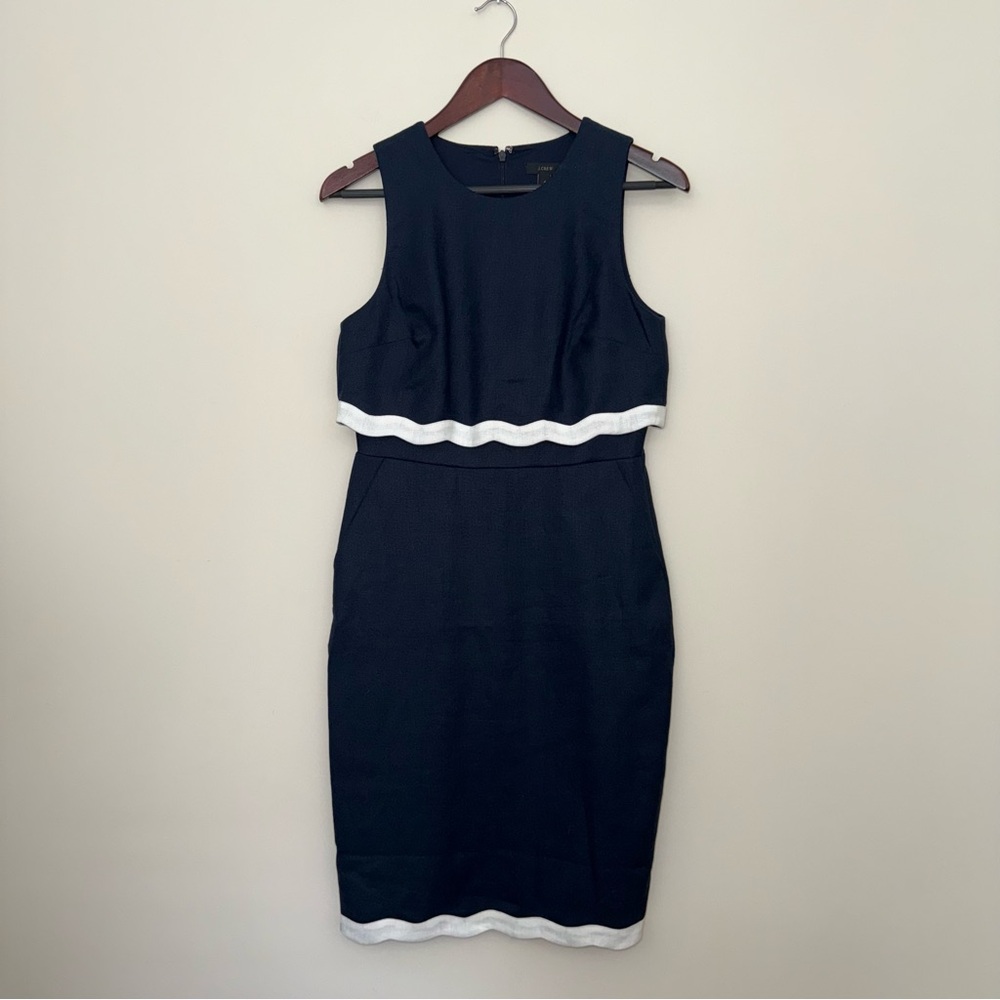 J. Crew Navy Blue Linen Sheath Dress with White Trim with pockets